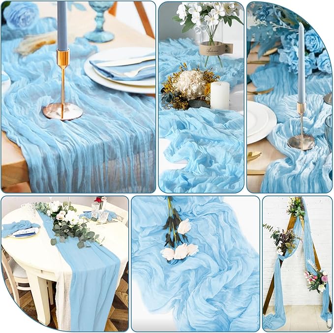 20 Packs Cheesecloth Table Runner 10FT Long Boho Gauze Fabric Table Runner Vintage Rustic Sheer Runners for Wedding Party Bridal Baby Shower Table Decorations (Light Blue )