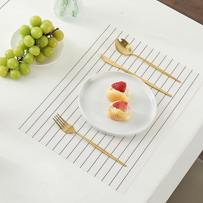Leetaltree White with Black Stripes Placemats Set of 4 - Heat Resistant Non-Slip Place mats for Dining Table, Washable Durable PVC Vinyl Woven Table Mats（White Stripes, 4）