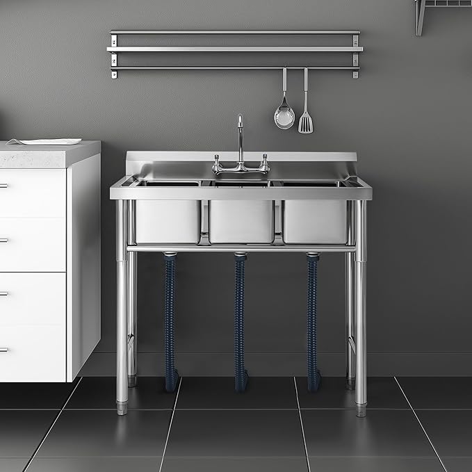 WILPREP NSF Stainless Steel 3 Compartment Commercial Sink 11x10x10 Inch Basins, Kitche Station Utility Sink for Restaurant Bar Home Laundry Room Garage