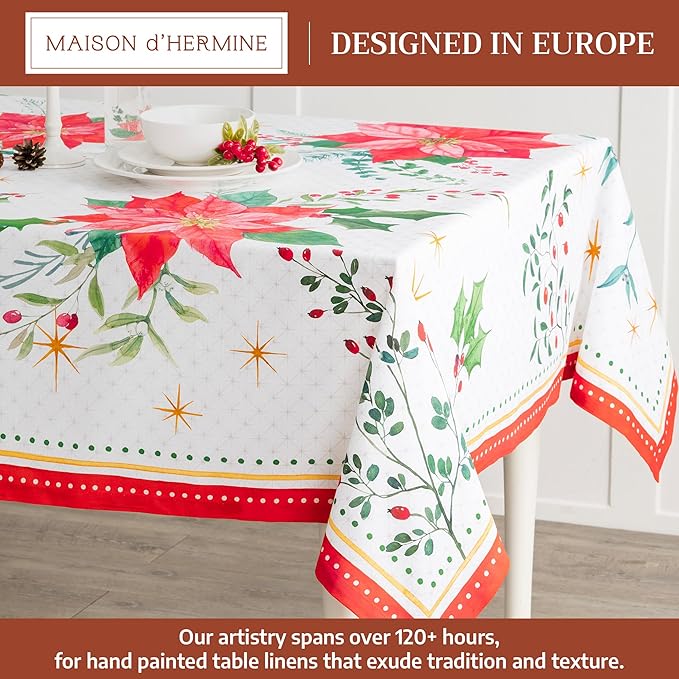 Maison d' Hermine Table Cloth Rectangle Table 100% Cotton 60 x 108 Inches Fall Tablecloth Reusable Everyday Use for Thanksgiving Christmas Decorations Dining Farmhouse Party (Poinsettia Christmas)