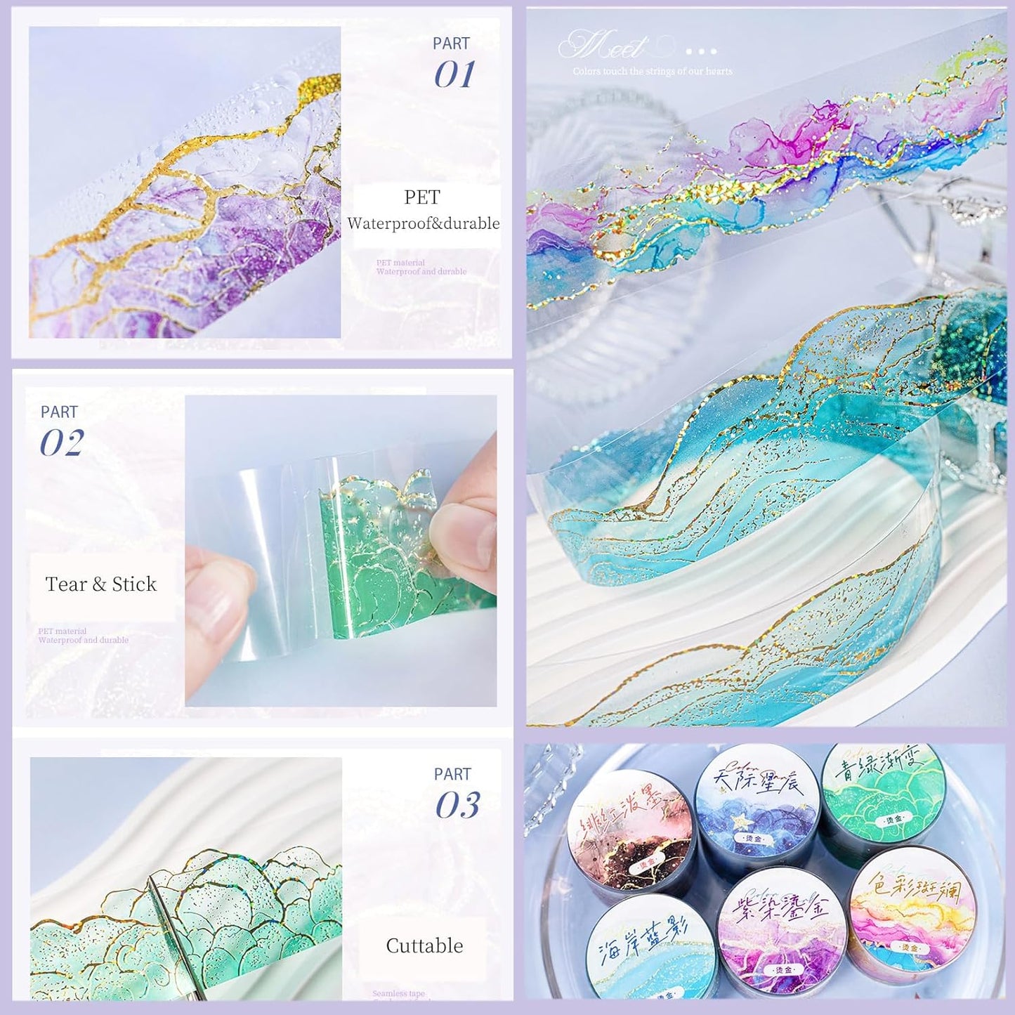 6 Rolls PET Tape Set for Journaling Supplies,Waterproof Washi Tape Stickers for Scrapbooking,Journaling Supplies,DIY Craft(Colour Paradise)