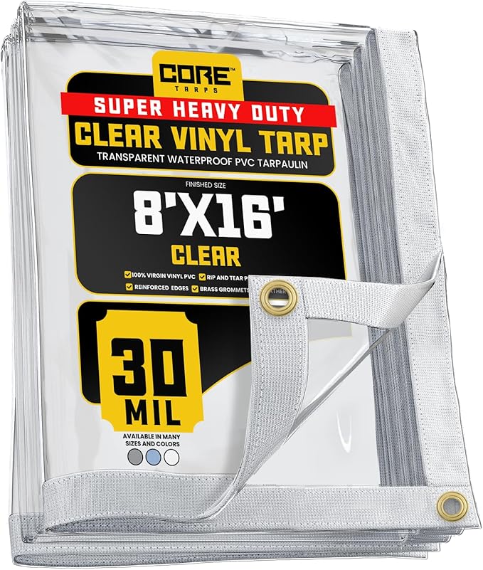 Core Tarps 30 Mil Extreme Heavy Duty Clear Tarp with Gromments - 8x16ft Super Clear Tarps Heavy Duty Waterproof Vinyl Tarpaulin, Transparent Tarp for Outdoor, Camping & Construction, Clear