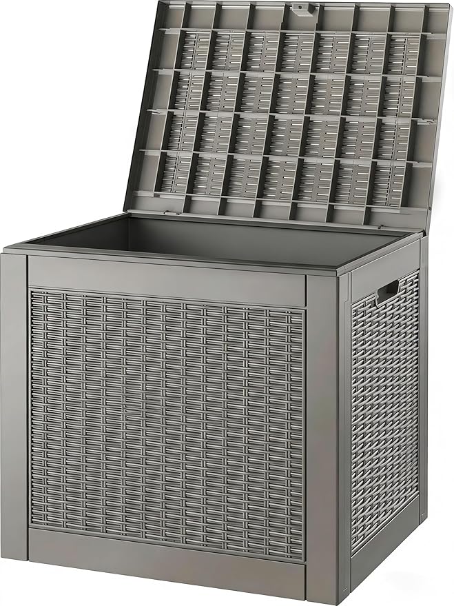31 Gallon Outdoor Storage Deck Box Waterproof,Garden Tool,Backyard Cushion,Poolside Storage,Small Delivery Boxes for Outside,Lockable Lid,Rattan Grey
