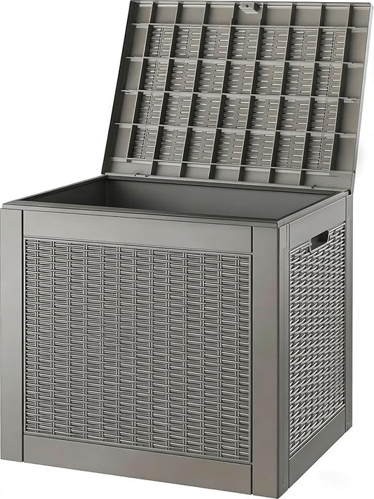 31 Gallon Outdoor Storage Deck Box Waterproof,Garden Tool,Backyard Cushion,Poolside Storage,Small Delivery Boxes for Outside,Lockable Lid,Rattan Grey