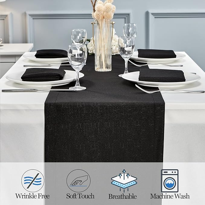 Mebakuk Linen Farmhouse Table Runner Large Burlap Style Soft and Waterproof Decorative Fabric Runner for Outdoor Wedding and Dinner (14 x 132 Inch, Black)