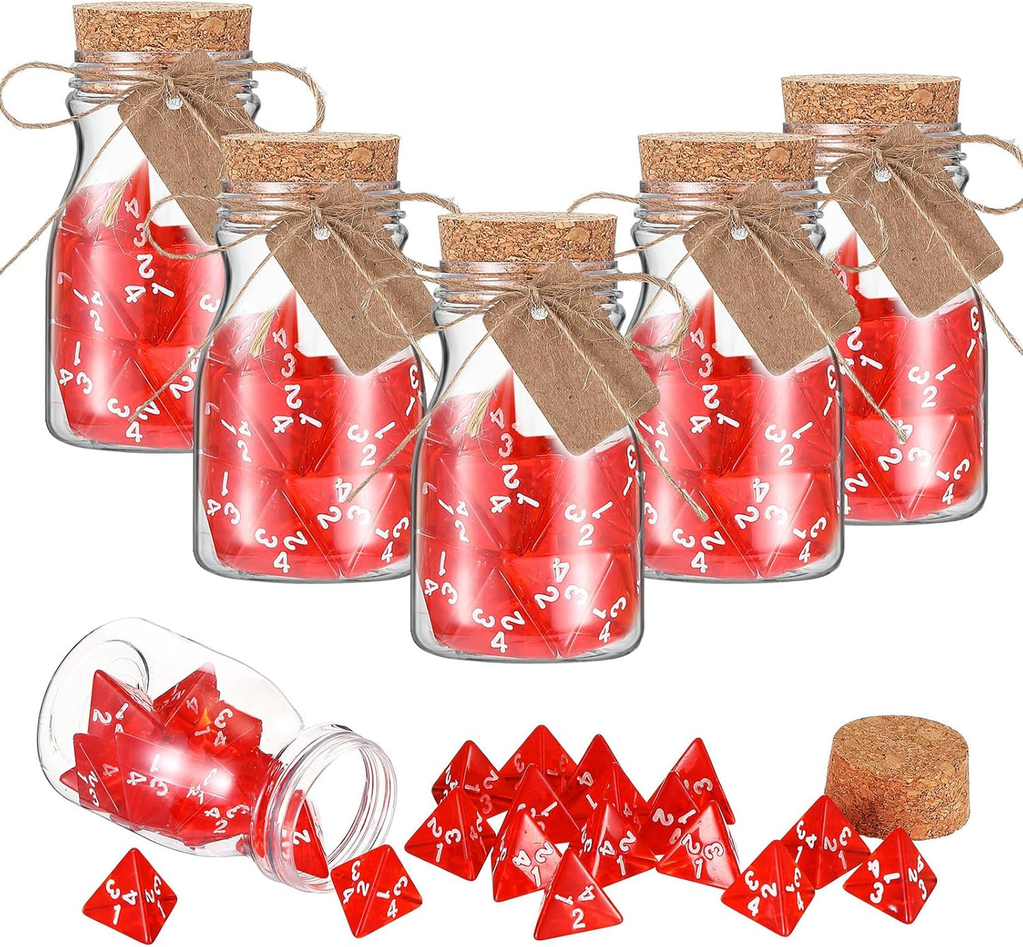 Wettarn 120 Pcs Transparent Red D4 Dice6 Pcs Pot Bottles Plastic Favor Jars with Cork Lids Healing Potion Bottles Polyhedral Dice Set for Party Favors Table Games(Novel Style)