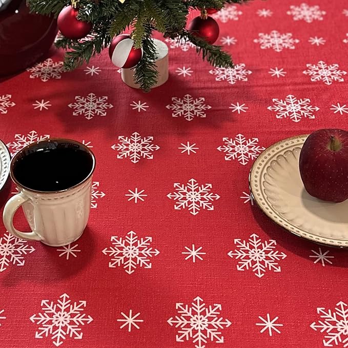 Christmas Red Tablecloth, Rectangle Table Cloh with Snowflake Decorations, Spillproof Cotton Linen Fabric Table Cover for Holiday, Winter, Party - 54''x72''