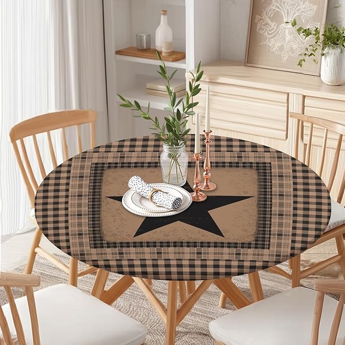 Western Texas Star Round Fitted Tablecloth with Elastic Vintage Black Brown Plaid Circle Table Cover for 44-48" Round Tables Stretch Waterproof Rustic Country Table Cloth for Kitchen Dining Patio