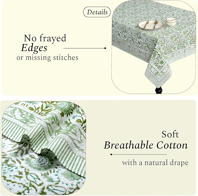 CPC Tablecloth 100% Cotton 72x160 Inch Indian Block Print Rectangle Table Cover, Green Table Cloth for Weddings, Spring/Summer, Barbeque - Agate Green