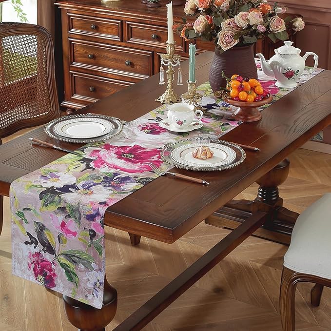 Double-Sided Table Runner - Reversible Oil Painting & Banana Leaf Design, Waterproof Linen Cotton for Dining Table Decor, Holiday Home Decoration（Red）