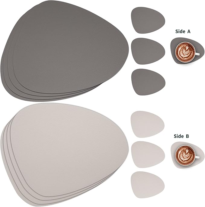 Myir JUN Placemats, Dual-Sided Placemats Waterproof Faux Leather Placemats Set of 4 Place Mats and Coasters Non-Slip Washable Table Mats for Dining Table (Gray Beige, Set of 4)