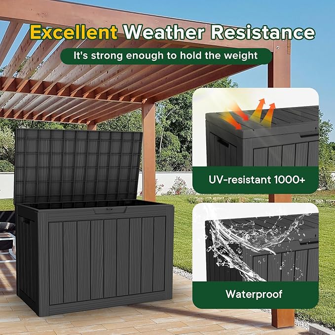45 Gallon Resin Deck Box, Waterproof Outdoor Storage Box for Patio, Poolside, and Garden, Lockable UV-Resistant Storage Bin Bench Cabinet for Small Spaces, Black