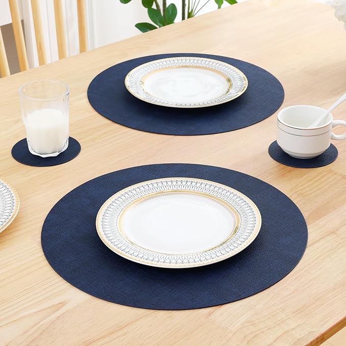 Homaxy Round Faux Leather Placemats and Coasters, Washable Dual-Side Table Mats, Wipeable Heat-Resistant Dining Place Mats for Outdoor and Indoor, Set of 4, Diameter 13 and 3.93 inch, Navy Blue