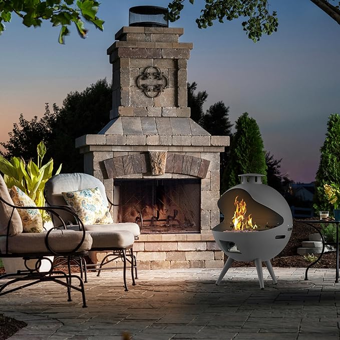 24-Inch Chimenea Outdoor Gas Fireplace, 55,000 BTU Propane Fire Pit with Lava Rocks and Rain Cover, Hemispherical 3-Legged Firepit, Gray