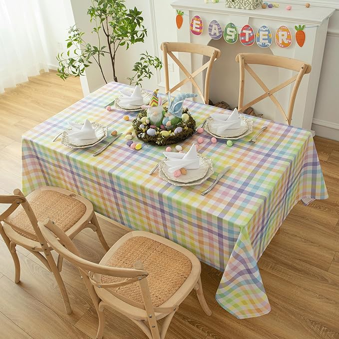 Waterproof Checkered Tablecloth Fabric - Colorful Rectangle 58x84 Inch Easter Table Cloth for Indoor/Outdoor Use - Table Cover for Kitchen, BBQs, and Parties