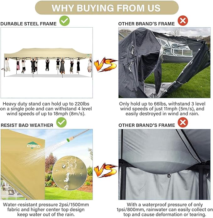 COBIZI 10x30 Pop up Canopy Tent 10x30 Canopy with Sidewall Waterproof Heavy Duty Commercial for Parties Outdoor Garden Gazebo Tent, Carry Bag with Wheel(10x30ft with Sidewalls,Khaki)