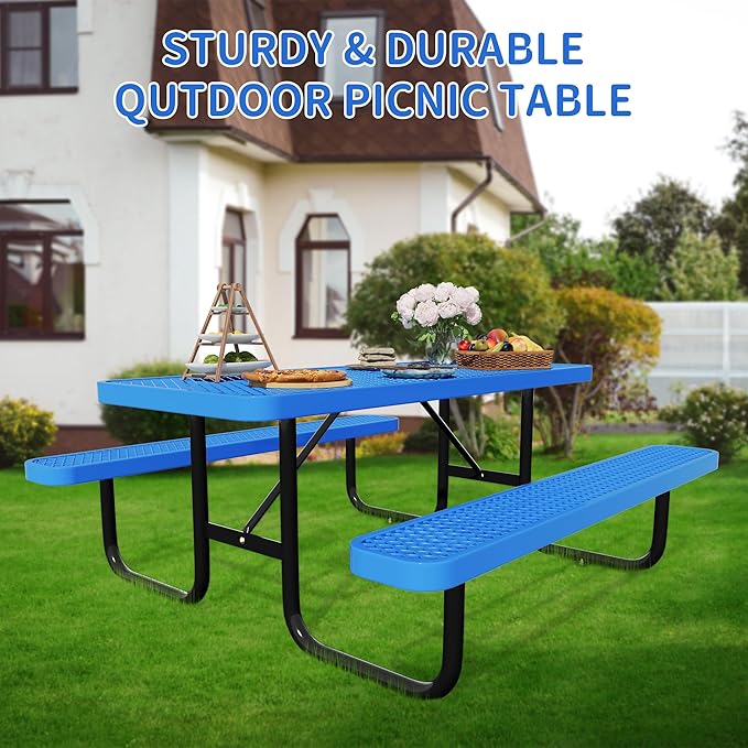 6FT Picnic Tables for Outdoors, Rectangular Commercial Metal Picnic Table Bench Set with Umbrella Hole,Heavy Duty Steel Weather-Resistant Dining Table for Patio Dining Garden Backyard BBQ School