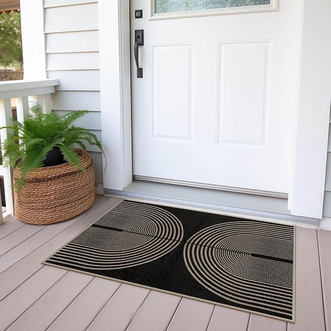 Easy Jute Rainbow Entryway Rug, 2x3 Black Washable Non-Slip Indoor Outdoor Doormat, Boho Farmhouse Small Kitchen Rug Modern Abstract Throw Rugs for Entrance Bedroom Bathroom