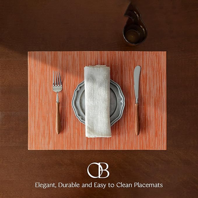 Placemats Set of 6 - Easy Clean Woven Vinyl Placemats for Dining Table, Indoor/Outdoor Place Mats, Washable PVC Table Mats （Orange）