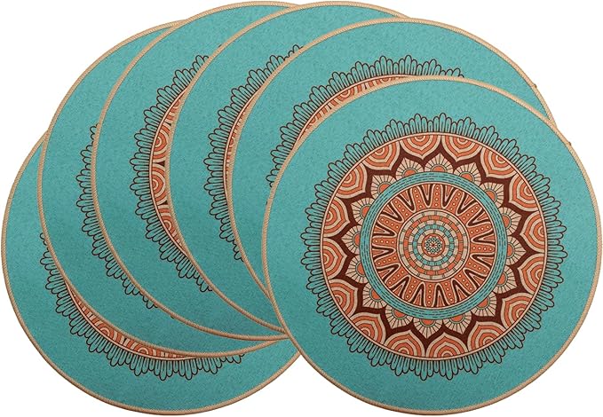 PIGCHCY Round Boho Placemats Set of 6, Rubber Heat Resistant Tabel Mats, Waterproof Washable Placemat for Dining Table Decoration (Teal)