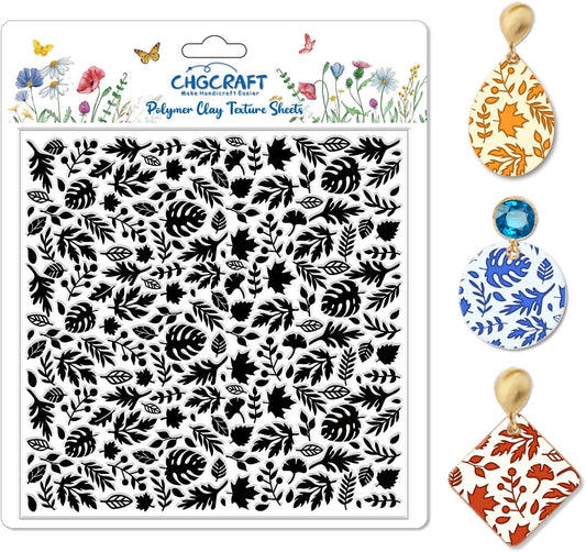 CHGCRAFT Autumn Leaves Pattern Polymer Clay Texture Sheet Plants and Maple Leaves Silicone Texture Mat for Polymer Clay Making Earrings Jewelry DIY Crafts 5.5 × 5.5 Inch
