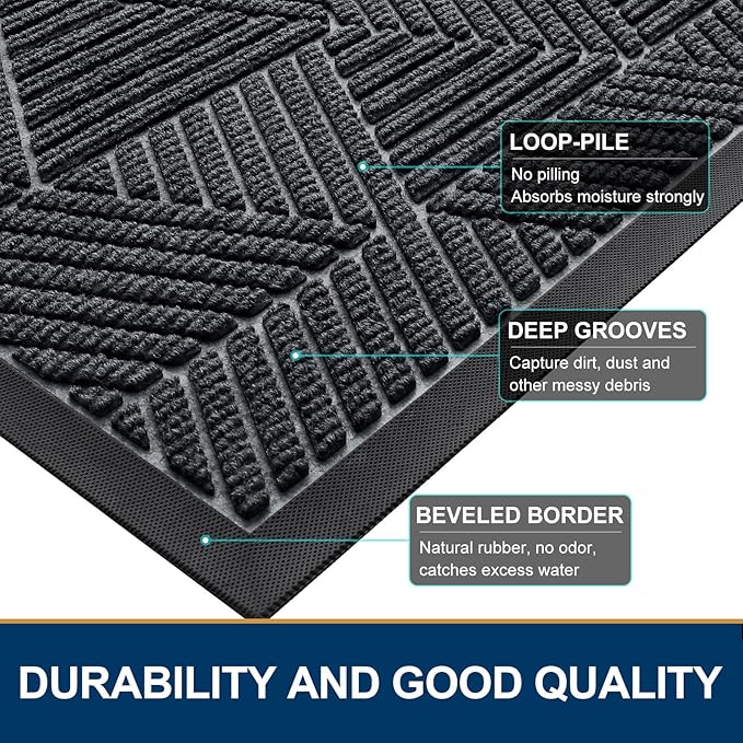 Smiry Front Door Mat Outside Entrance, Heavy Duty Sturdy Natural Rubber Doormat, Trap Dirt and Moisture, Easy Clean Low Profile Mats for Indoor Outdoor Entry, Irregular Triangle (59x24, Grey)
