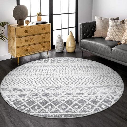 Grey Round Rug for Living Room, 5ft Soft Non-Slip Circle Large Area Rug, Modern Geometric Washable Dining Room Mat Throw Rug for Dorm Bedroom Nursery Entryway