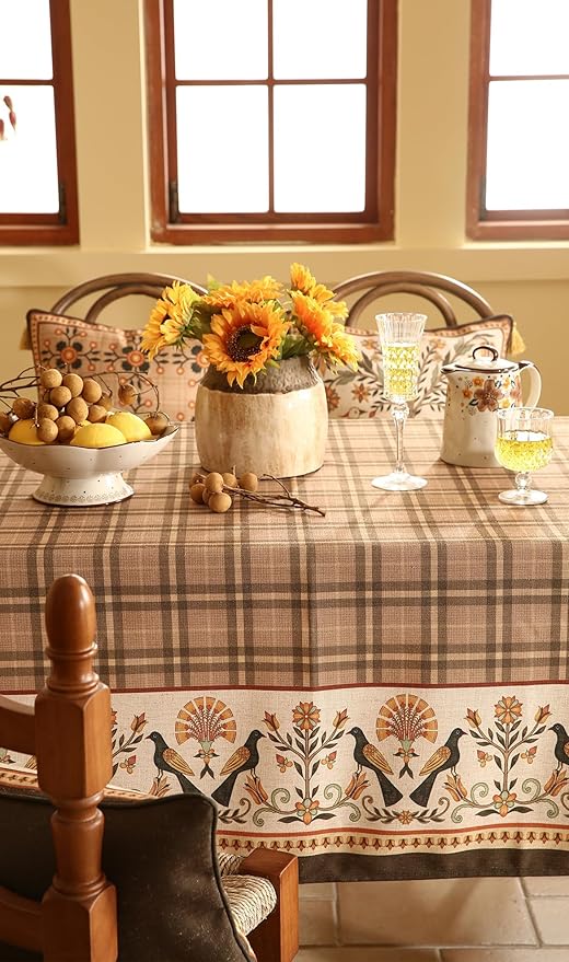 Vintage Brown Checkered Square Tablecloth,Italian Style Soft Linen Wrinkle Resistant Table Cloth,Decor Table Cover for Kitchen,Dining,Thanksgiving,Christmas,Party,67"*67"-Seville