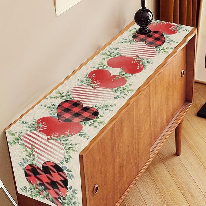 Valentines Day Table Runner,Vintage Rustic Sweet Heart Leaves Valentines Day Buffalo Plaid Runner for Table Seasonal Fresh Decor for Indoor Outdoor Dining Table Decorations, 13"x36"