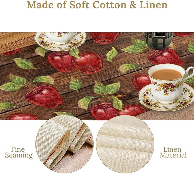 Sweet Apples Table Runner, Fresh Apples Fruit Rustic Wooden Background Table Runner for Kitchen Dining Party Picnic Outdoor 13x36in