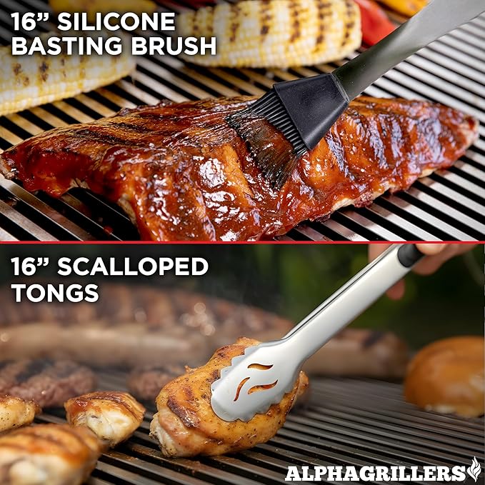 Alpha Grillers Grilling Accessories - Grilling Gifts for Men - BBQ Accessories Grill Tools Set with Spatula, Fork, Brush & Tongs - Outdoor Barbecue Utensils Gifts for Men Dad Him Boyfriend