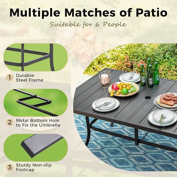 Outdoor Patio Dining Table for 6, 60" x 35" Rectangular Metal Patio Dining Table with Umbrella Hole for Garden, All Weather Wrought Iron Black Outdoor Table for Backyard and Porch