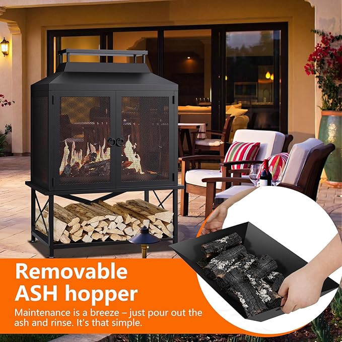 2-in-1 Metal Chiminea Fireplace with Grill,Wood Burning Outdoor Fireplace with Wood Storage, Chimney,Metal Mesh Spark Screen,and Fire Tongs Ideal for Yards,Patios, Gardens,Camping,and Picnics