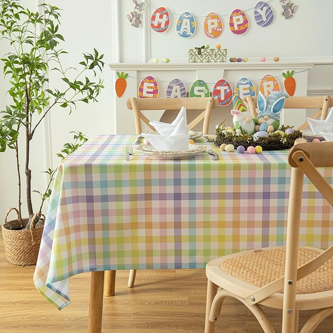 Waterproof Plaid Easter Tablecloth Fabric - Spring Square 58x58 Inch Classic Gingham Checker Holiday Table Cloth for Indoor Outdoor Use - Table Cover for Picnics, BBQs, and Parties