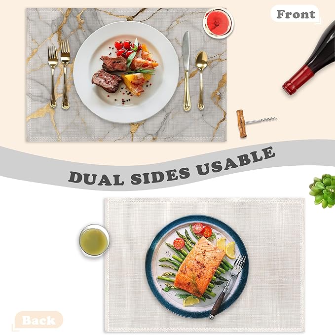 Placemats Set of 6,White Gold Marble Linen Table Mats Abstract Heat Resistant Place Mats Washable Dining Table Mats for Indoor Outdoor Kitchen Decor Easy Clean 12 x 18 Inch