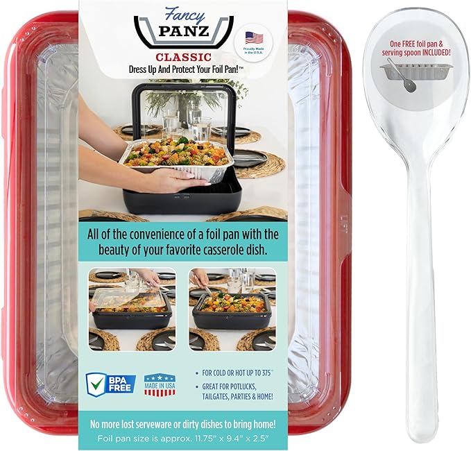Fancy Panz - Red Classic Aluminum Foil Pan Carrier with Lid - Elevated Food Serving Tray - Portable Casserole Carrier with Lid - Made in The USA Hosting Essentials