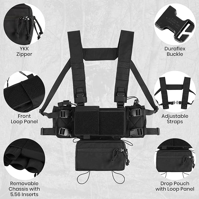 Tactical Chest Rig, MOLLE Compatible Plate Carrier System, 5.56/7.62 Mag Pouches, Detachable Panels