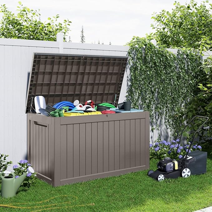 280 Gallon Large Deck Box,Resin Outdoor Storage Box with Lockable for Patio Furniture, Pool Accessories, Garden Tools Waterproof Outside Storage Box, Grey