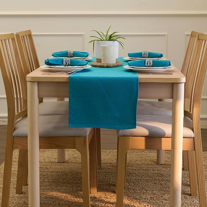 Encasa XO Table Runner 13"x104" Long | Cotton Canvas Fabric | Azul Blue Solid Color | Machine Washable & Durable