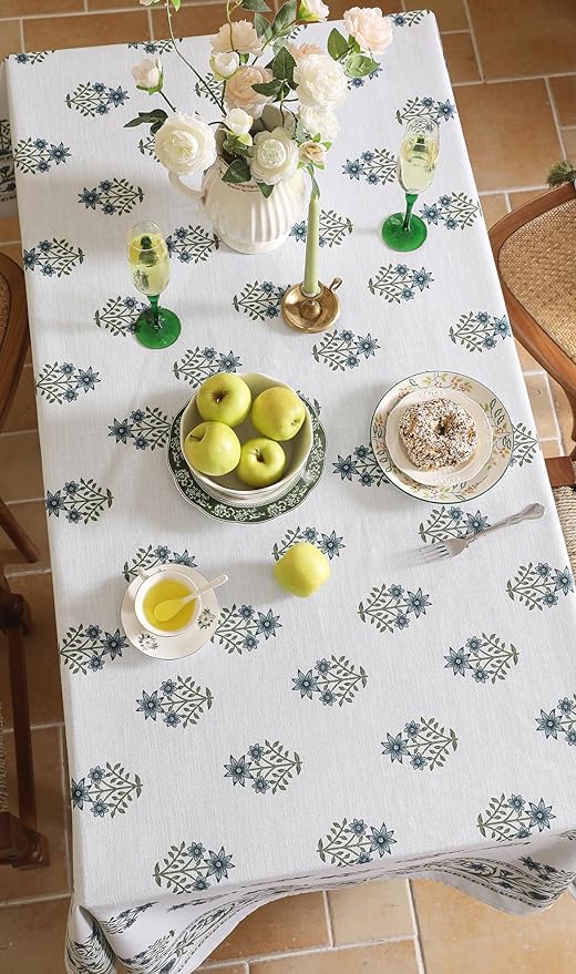 ISAENNE Designer White Linen Extra Long Tablecloth Rectangle,Chinoiserie Floral Elegant Indoor Table Cloth,Fall Stain Proof Decor Tablecloths for Dining Thanksgiving Kitchen,67"*118"-Mosella F