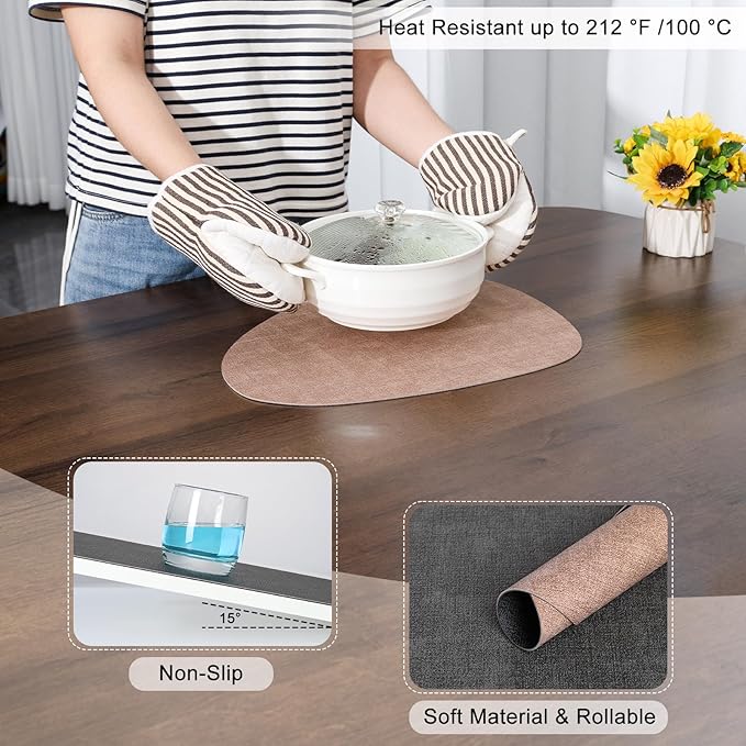Placemats and Coasters, Washable Reversible Placemats Round Faux Leather Wipeable Place Mats Non Slip Heat Resistant Indoor Outdoor Table Mats (Set of 6, Gray Pink)