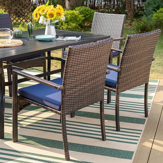 Sophia & William 5 Pieces Patio Dining Set with 9 ft Beige Patio Umbrella, Outdoor PE Rattan Chairs and Square Metal Table Set with Cushions and 1.57" Umbrella Hole for Porch Poolside Backyard