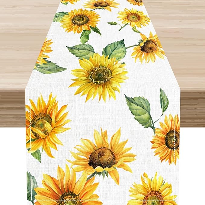 Sunfloral Table Runner, Summer Spring Seasonal Watercolor Sunshine Yellow Floral Sunflower Decorations Rustic Farmhouse Table Center Decor for Home Kitchen Dining Patio Indoor Outdoor, 13"x90" Inch