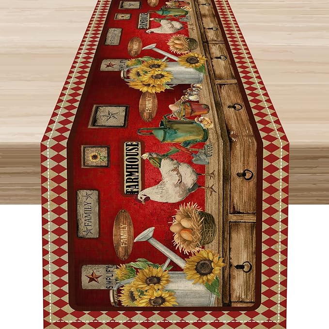 Rooster Table Runner, Rustic Farmhouse Country Cottage Farm Animal Sunflower Retro Checked Table Runner Seasonal Holiday Home Kitchen Dining Table for Home Party Decor 13"x36"