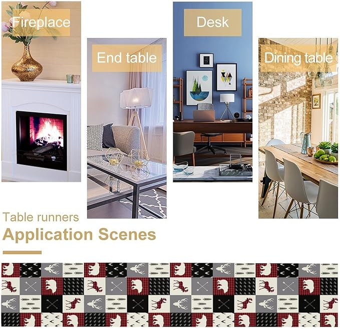 Farmhouse Bear Deer Table Runner, Retro Rustic Village Buffalo Plaid Table Runner for Coffee Table Dining Room Table Bedroom Party Holiday 13x90in