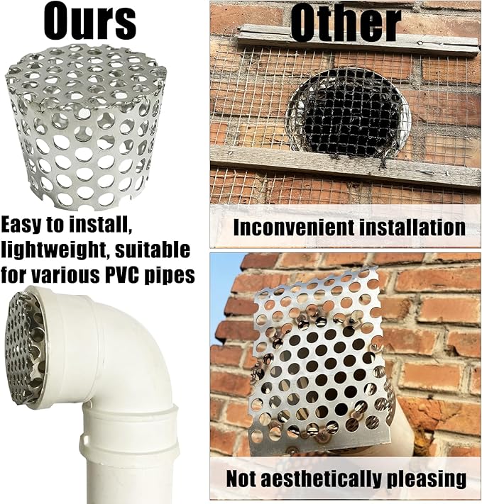 PVC Termination Cap Stainless Steel Mesh Screen Vent Cover, for 1.64" to 1.98" Inner Diameter Furnace and Roof Vent Pipe, Conical Exhaust Pipe Cover End Porous Is More Conducive To Drainage