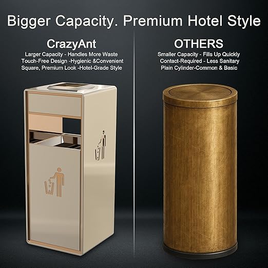 Stainless Steel Gold Commercial Trash Can, Heavy Duty Brushed Finish Garbage Bin, Fingerprint-Resistant Large Indoor Outdoor Trash Can for Office, Hotel Lobby, Conference Hall, 13"x13"x30"