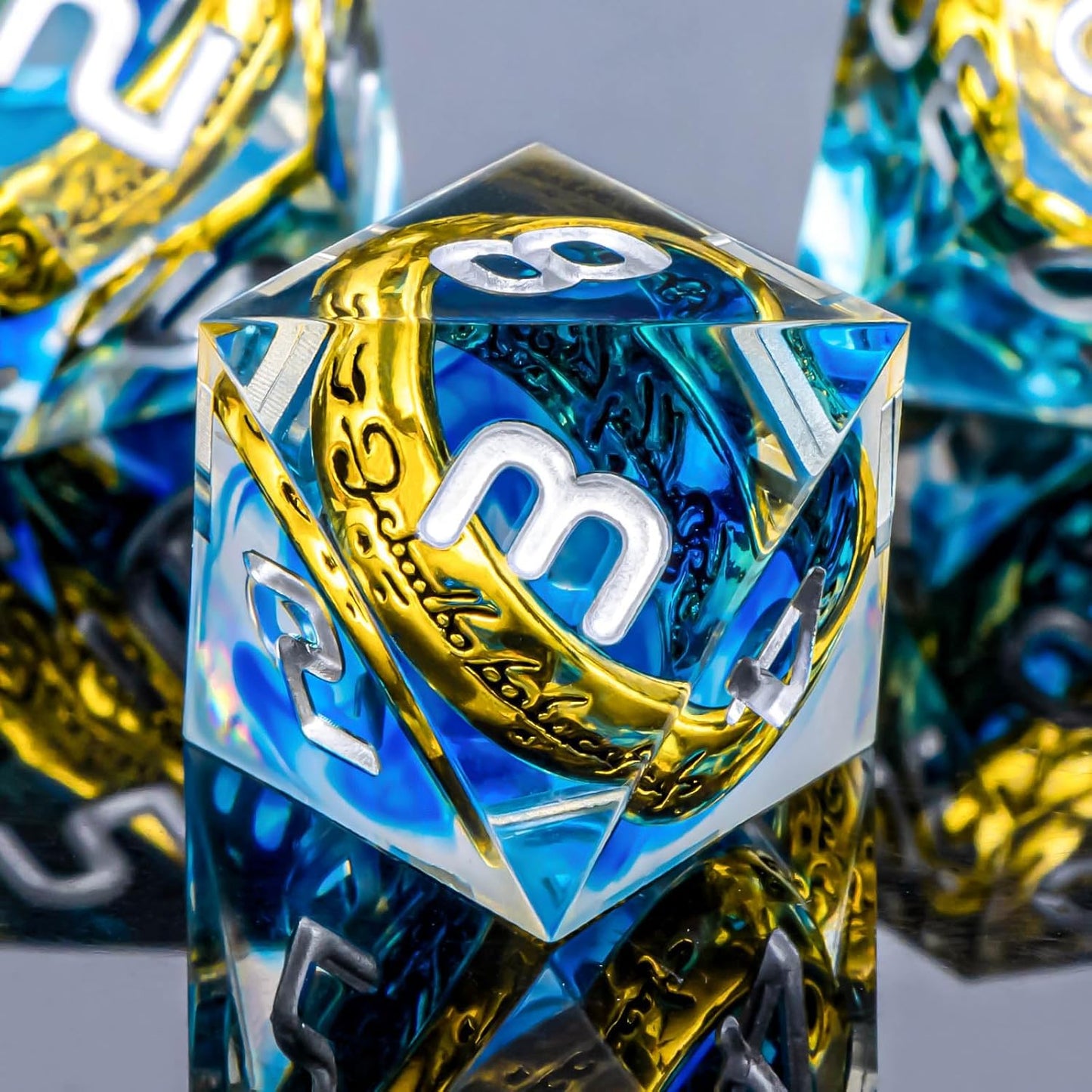 OUKELANWO Magic Lord Rings DND Dice Set with Box, 7Pcs Resin LOTR D&D Dice Set for Role Playing Game, Blue Dungeons Dragons D and D Sharp Edge Dice D20 D12 D10 D8 D6 D4