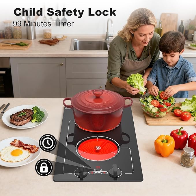 Electric Cooktop,110V 2100W Stove top,9 Power Levels, Kids Lock & Timer, Hot Surface Indicator, Overheat Protection,knob and touch control 2 burner Electric cooktop