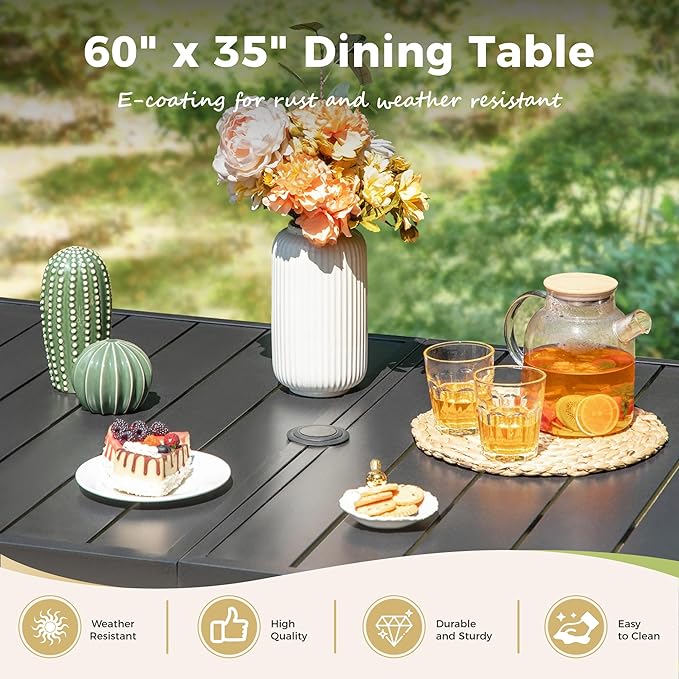Outdoor Patio Dining Table for 6, 60" x 35" Rectangular Metal Patio Dining Table with Umbrella Hole for Garden, All Weather Wrought Iron Black Outdoor Table for Backyard and Porch